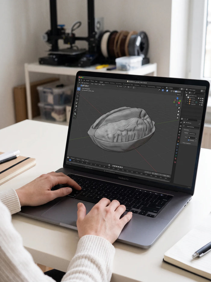 Hands at a laptop displaying a gray wireframe pecan-shaped model, with a 3D printer and filament spools in the background.