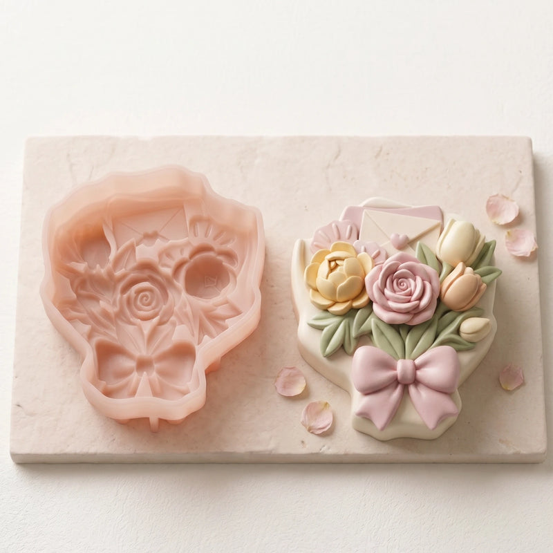 Love Letter floral bouquet silicone mold displayed with the finished mousse cake, showing the detailed 3D cake design created from the mold.
