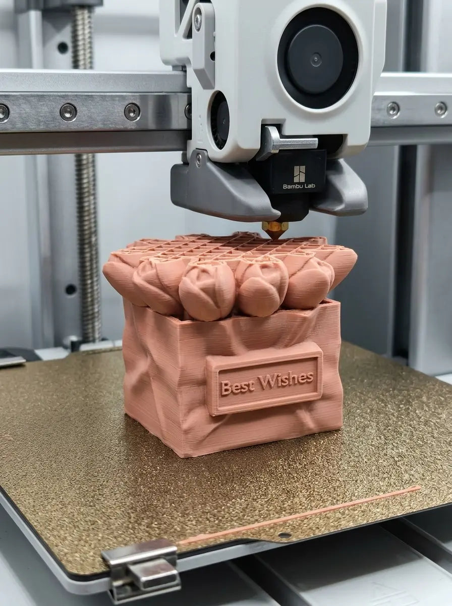 3D printer creating the FormFlavor Best Wishes tulip bouquet master