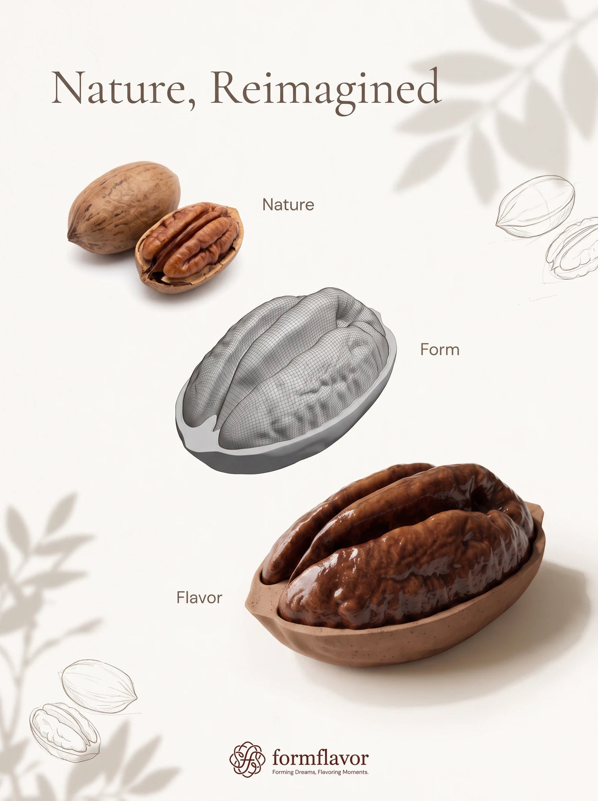 Collage of whole and opened pecans, a gray wireframe model, and a pecan-shaped cake with a glossy brown ridged top and matte tan shell form.