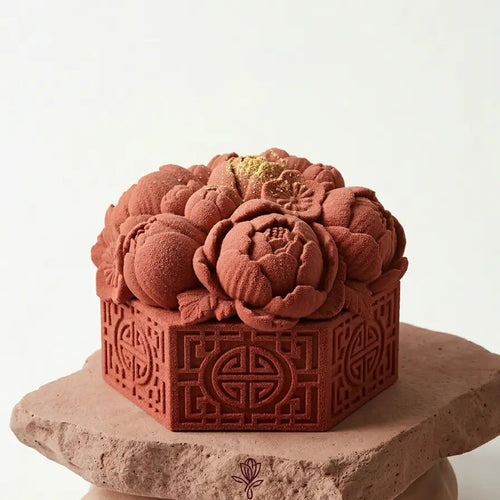 FormFlavor Oriental Peony Bloom 3D mousse cake showing Eastern-inspired floral art.