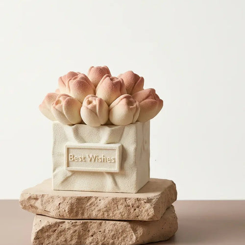 FormFlavor "Best Wishes" tulip bouquet 3D mousse cake with pink velvet texture.