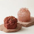 FormFlavor Oriental Peony Bloom 3D silicone mousse mold with finished red velvet cake.