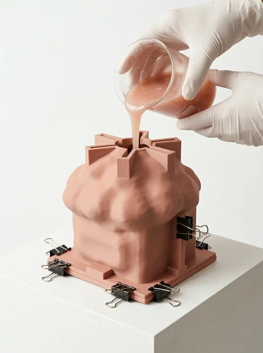 Silicone being poured into the tulip bouquet mold-making assembly