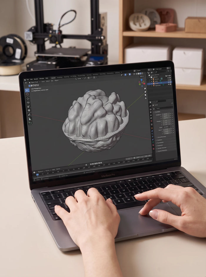 A walnut-shaped digital model appears in wireframe on a laptop screen; a 3D printer stands behind it.