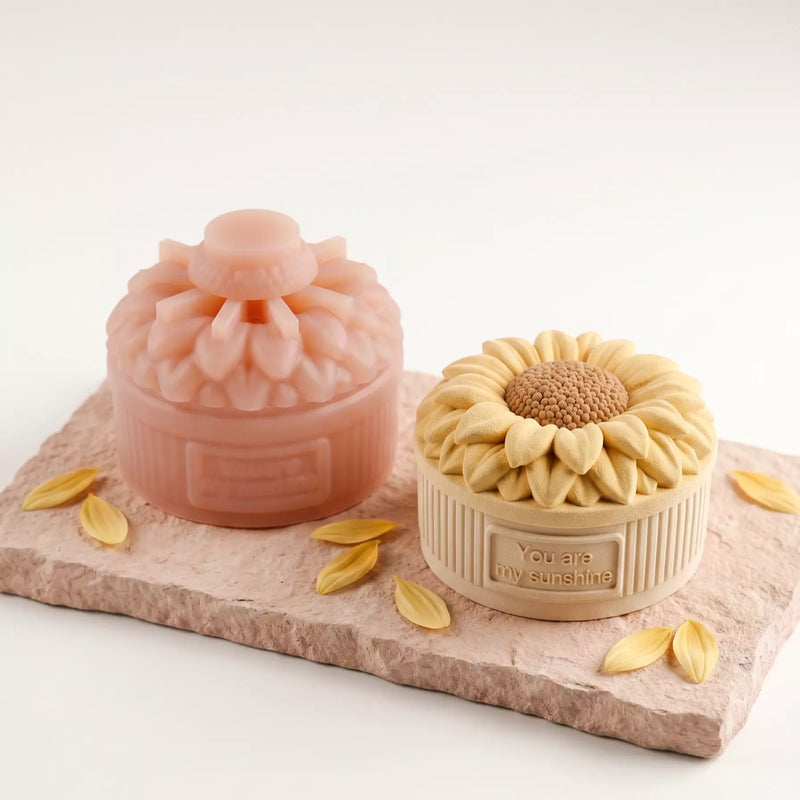 Sunflower Bloom silicone mold displayed with the finished sunflower mousse cake for pastry and entremet making