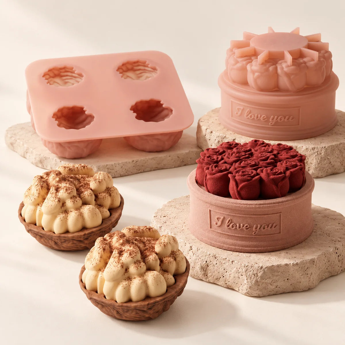Composite display of FormFlavor walnut and rose cakes with silicone molds